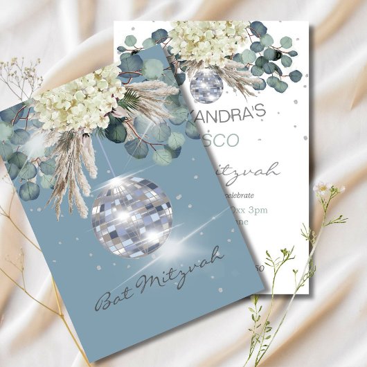 Dusty Blue Disco Ball Floral Bat Mitzvah Kaart