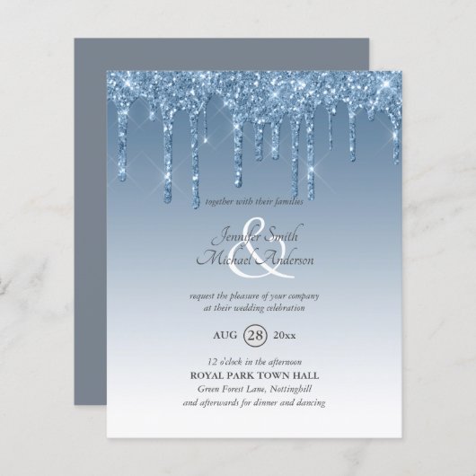 Dusty Blue-druppelbruin Glitter Wedding Invite (Voorkant / Achterkant)