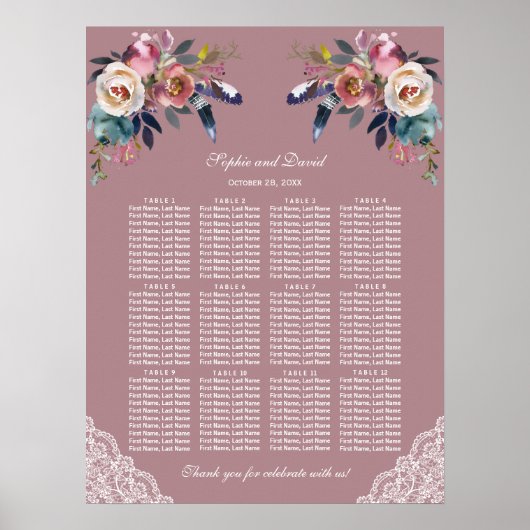 Dusty Blue Dusty Roos Floral Wedding Seating Chart Poster (Voorkant)