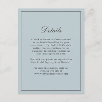 Dusty Blue Eenvoudige Elegante Trouwdetails Informatiekaartje