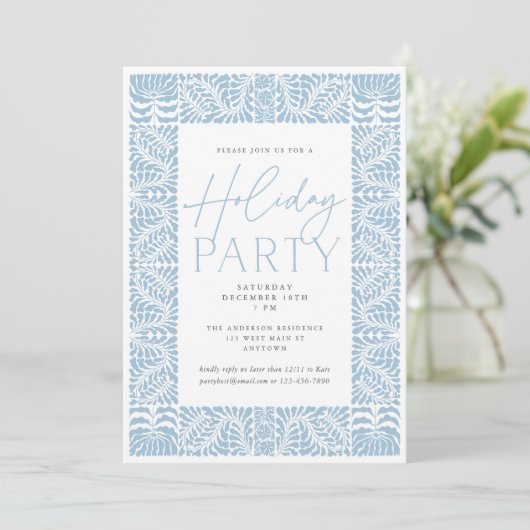 Dusty Blue Elegant Arts Crafts Style Holiday Party Kaart (Staand voorkant)