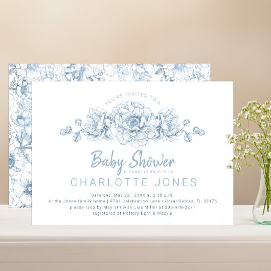 Dusty Blue élégant Baby shower Floral Invitation