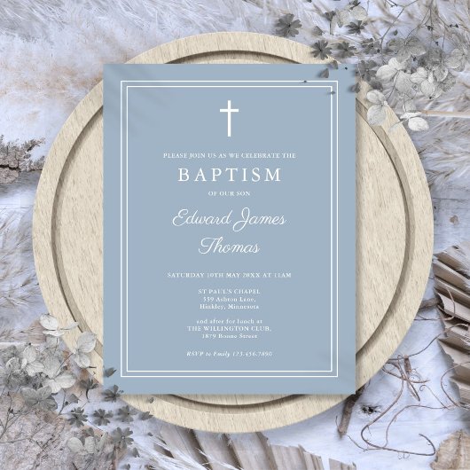 Dusty Blue Elegant Bordure Baptême Invitation