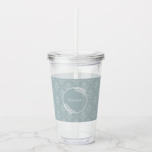 Dusty Blue Elegant Damask, gepersonaliseerd Acryl Drinkbeker (Voorkant)