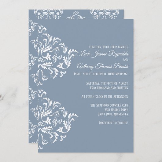 Dusty Blue Elegant Damask Invitation (Devant / Derrière)