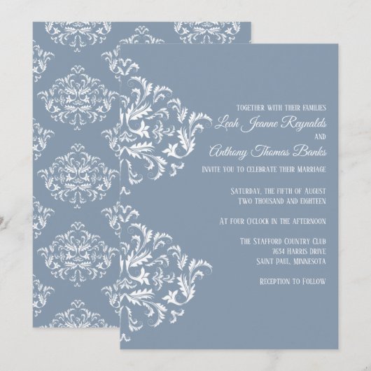 Dusty Blue Elegant Damask Invitation Kaart (Voorkant / Achterkant)