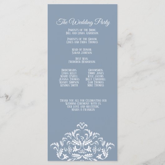 Dusty Blue Elegant Damask Program Rack Kaart (Achterkant)