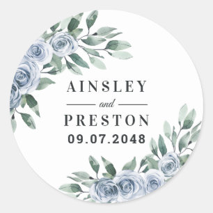 Dusty Blue Elegant Floral Boho Roos Rustic Wedding Ronde Sticker