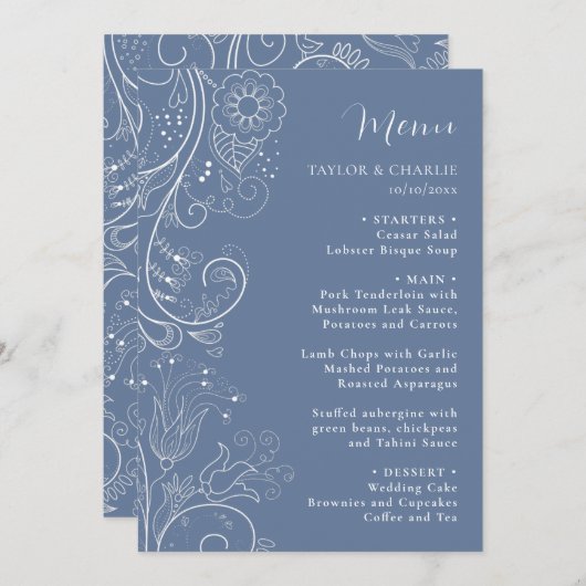 Dusty Blue Elegant Floral Wedding Menu (Voorkant / Achterkant)