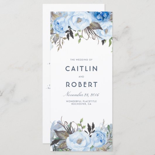 Dusty Blue Elegant Floral Wedding Programmes (Devant / Derrière)