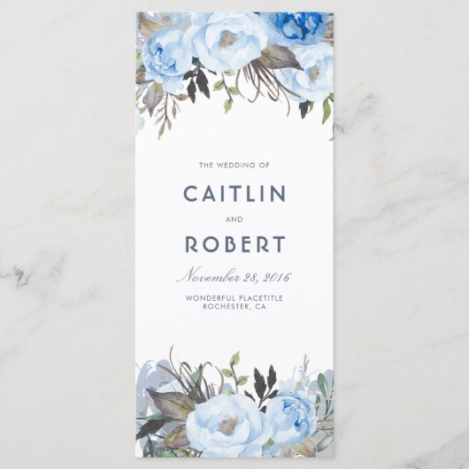 Dusty Blue Elegant Floral Wedding Programmes (Devant)