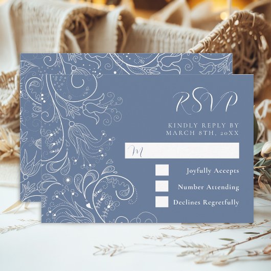 Dusty Blue Elegant Floral Wedding RSVP Kaartje