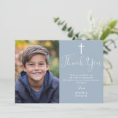 Dusty Blue Elegant Foto Eerste Heilige Communie Bedankkaart (Staand voorkant)