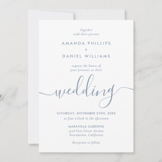 Dusty Blue Elegant Modern Script Photo Wedding Kaart (Voorkant)