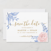 Dusty Blue Elegant Pink Floral Rustic Wedding Save The Date (Voorkant)