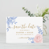 Dusty Blue Elegant Pink Floral Rustic Wedding Save The Date (Staand voorkant)
