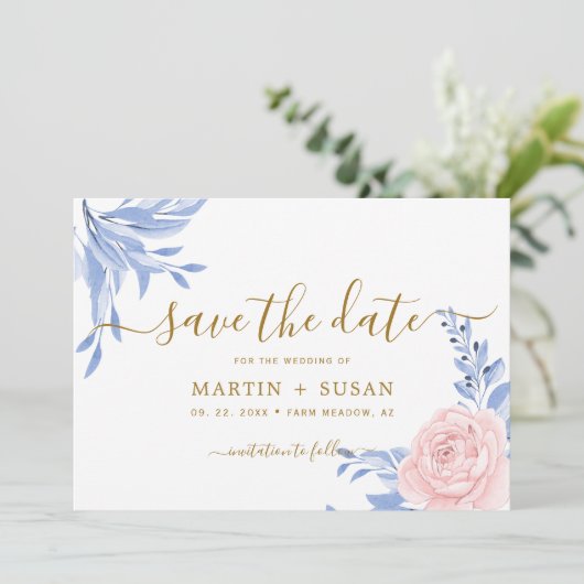 Dusty Blue Elegant Pink Floral Rustic Wedding Save The Date (Staand voorkant)