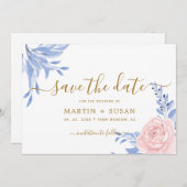 Dusty Blue Elegant Pink Floral Rustic Wedding Save The Date (Voorkant / Achterkant)