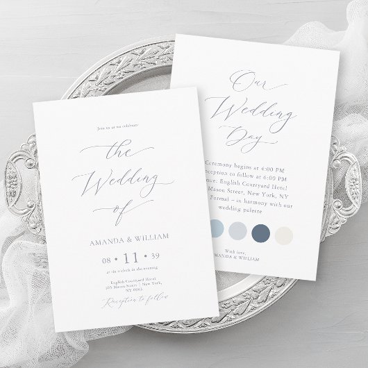 Dusty Blue Elegant QR Code RSVP Card Informatiekaartje