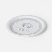 Dusty Blue Elegant Rozen Crest Bruiloft Papieren Bordje (Gekanteld)