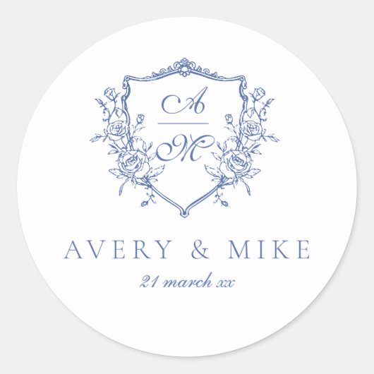 Dusty Blue Elegant Rozen Crest Bruiloft Ronde Sticker (Voorkant)