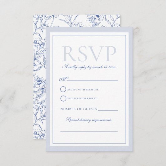 Dusty Blue Elegant Rozen Crest Bruiloft RSVP Kaartje (Voorkant / Achterkant)