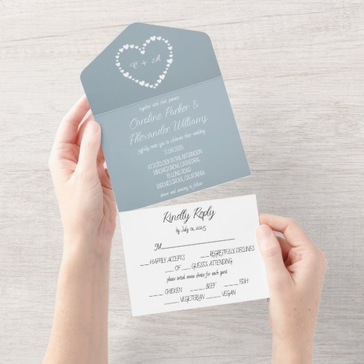 Dusty Blue Elegant Rustic Heart uniek in één All In One Uitnodiging (Afscheurbaar)