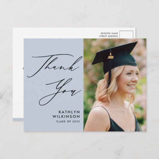 Dusty Blue Elegant Script Afstuderen Hartelijk dan Briefkaart (Voorkant / Achterkant)