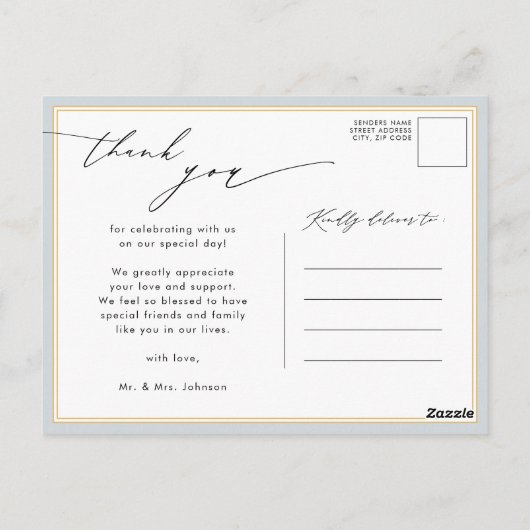 Dusty Blue Elegant Script Chic Weddenschap Bedankt Briefkaart (Achterkant)