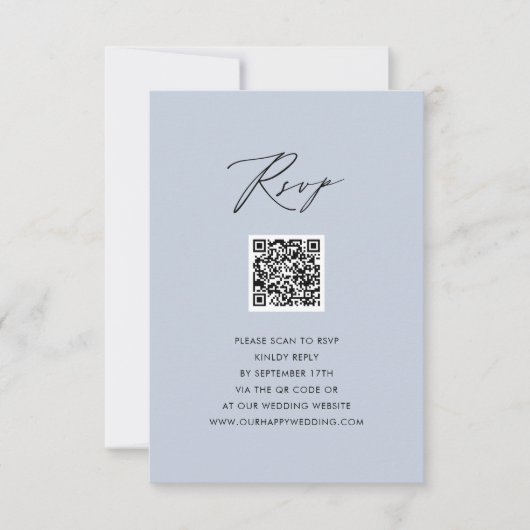 Dusty Blue Elegant Script Eenvoudige QR bruiloft R RSVP Kaartje (Voorkant)