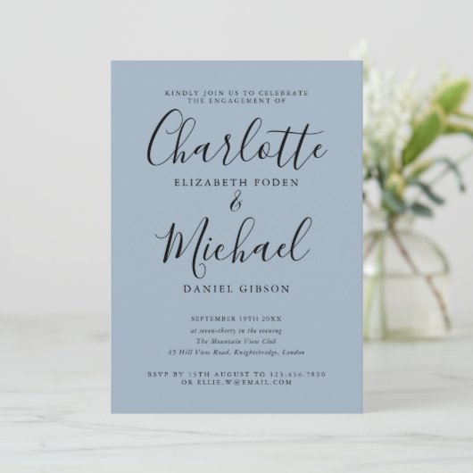 Dusty Blue Elegant Script Engagement Party Kaart (Staand voorkant)