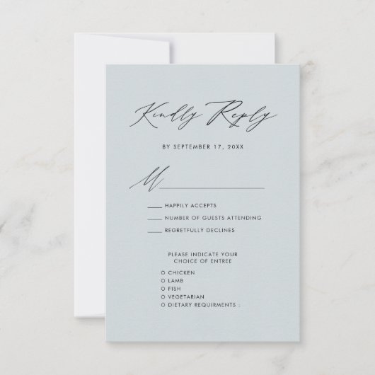 Dusty Blue Elegant Script Minimalistische bruiloft RSVP Kaartje (Voorkant)