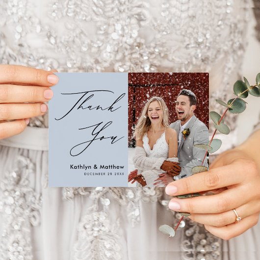 Dusty Blue Elegant Script Modern Photo Wedding Bedankkaart