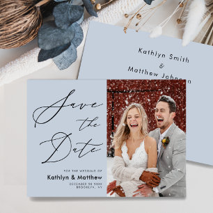 Dusty Blue Elegant Script Modern Photo Wedding Save The Date