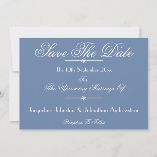 Dusty Blue Elegant Script Names Chic De datum opsl Aankondiging (Voorkant)