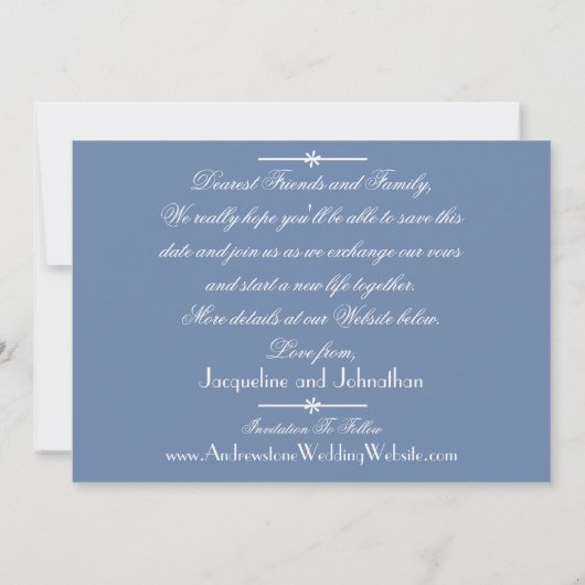 Dusty Blue Elegant Script Names Chic De datum opsl Aankondiging (Achterkant)