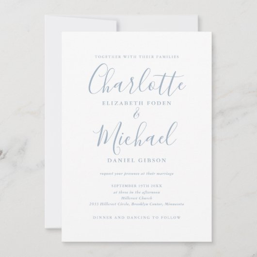 Dusty Blue Elegant Script QR Code Weddenschap Kaart (Voorkant)