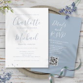 Dusty Blue Elegant Script QR Code Weddenschap Kaart