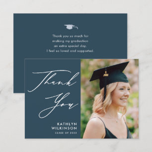 Dusty Blue Elegant Script Simple Photo Afstuderen Bedankkaart