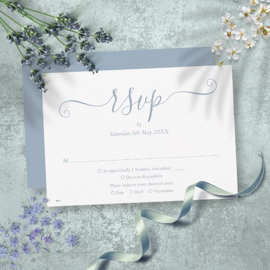 Dusty Blue Elegant Script Wedding RSVP Kaartje