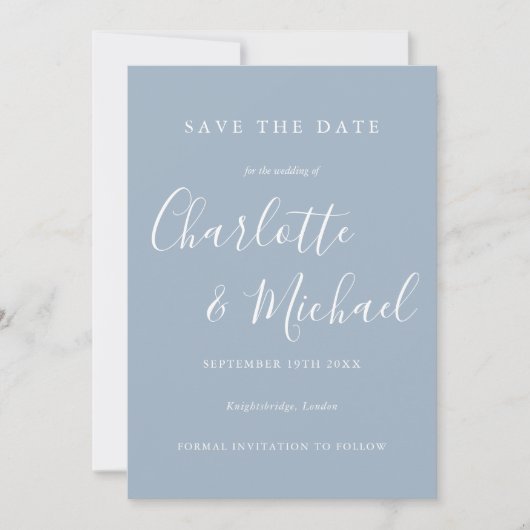 Dusty Blue Elegant Signature Script-foto Save The Date (Voorkant)