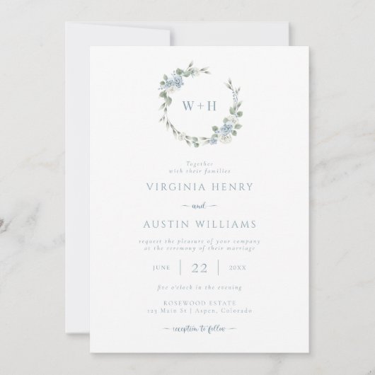 Dusty Blue Elegant Wedding Invitation Kaart (Voorkant)