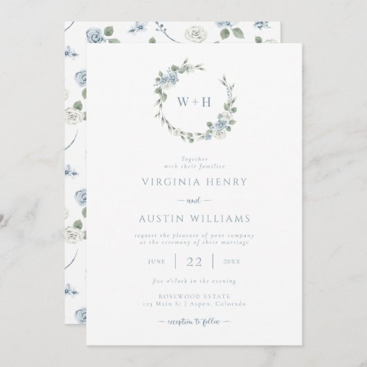 Dusty Blue Elegant Wedding Kaart (Voorkant / Achterkant)