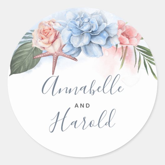 Dusty Blue en Blush Beach Bruiloft Ronde Sticker (Voorkant)