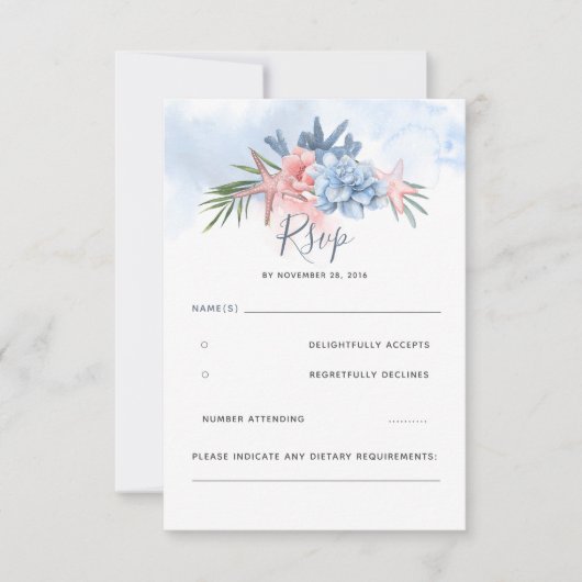 Dusty Blue en Blush Beach Bruiloft RSVP Kaartje (Voorkant)