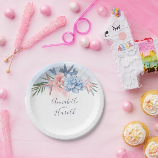 Dusty Blue en Blush Bestemming Strand Bruiloft Papieren Bordje (Feest)