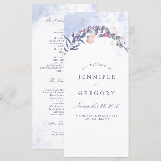 Dusty Blue en Blush bruiloft programma's (Voorkant / Achterkant)