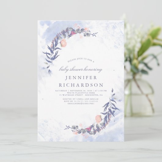 Dusty Blue en Blush Floral Baby shower Kaart (Staand voorkant)
