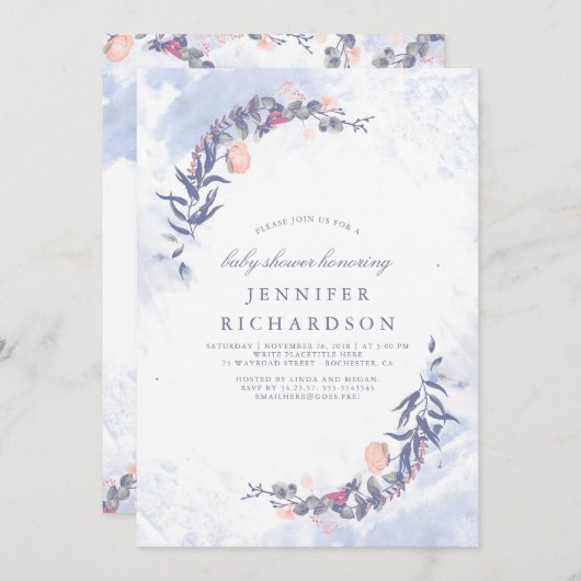 Dusty Blue en Blush Floral Baby shower Kaart (Voorkant / Achterkant)