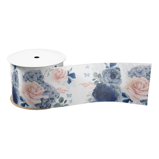 Dusty Blue en Blush Pink Floral Elegant Romantisch Lint (Spoel)
